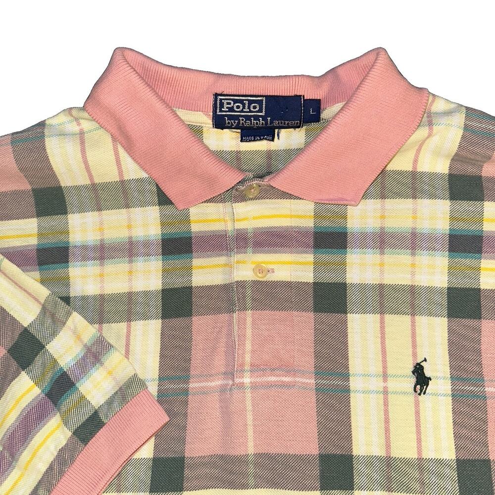 Vintage Polo Ralph Lauren Shirt Mens Large L Plaid Pique Pink Yellow Made In USA